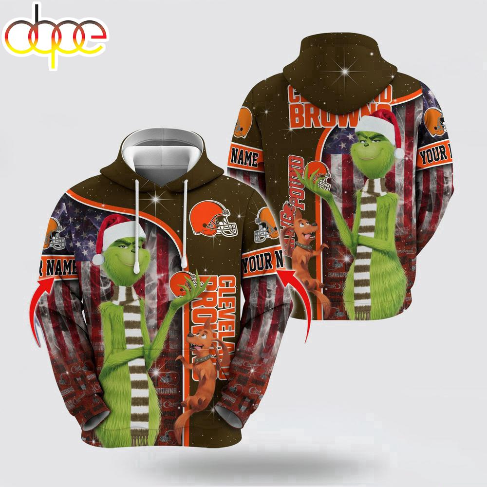 Custom Name NFL Cleveland Browns Grinch Santa All Over Print Hoodie Shirt