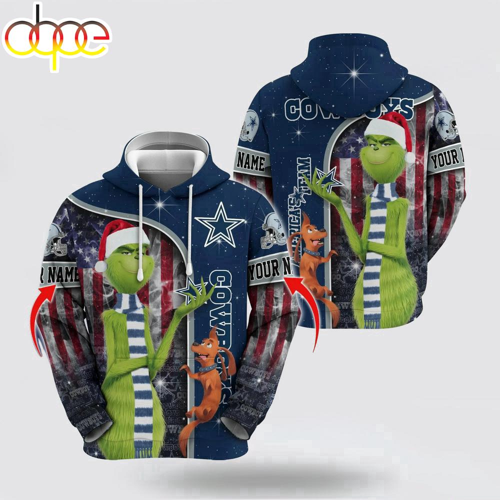 Custom Name NFL Dallas Cowboys Grinch Santa All Over Print Hoodie Shirt
