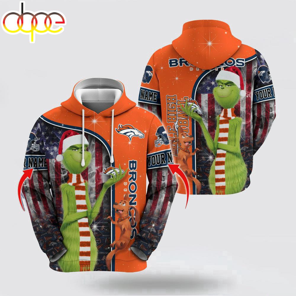 Custom Name NFL Denver Broncos Grinch Santa All Over Print Hoodie Shirt