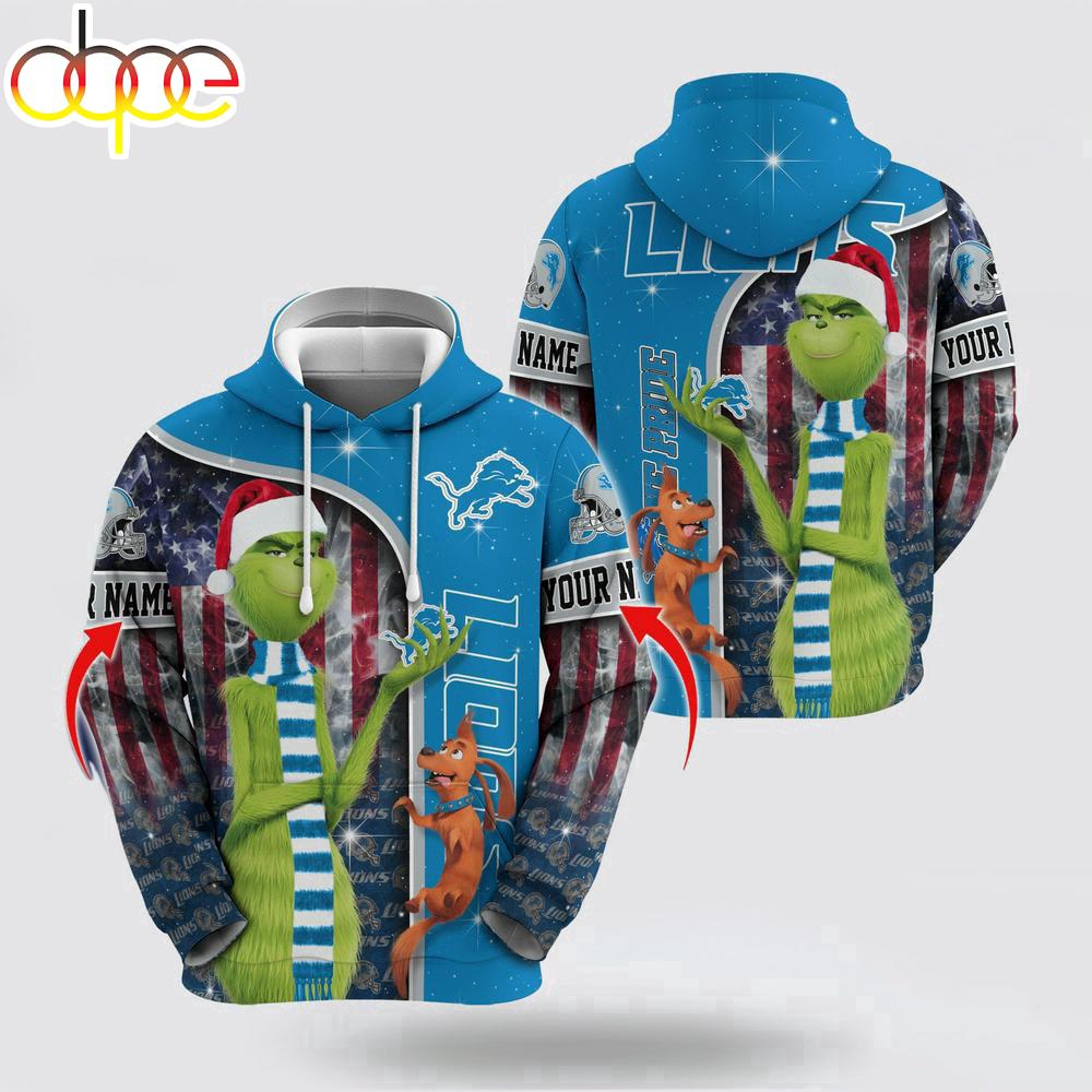 Custom Name NFL Detroit Lions Grinch Santa All Over Print Hoodie Shirt