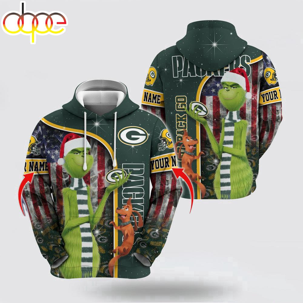 Custom Name NFL Green Bay Packers Grinch Santa All Over Print Hoodie Shirt