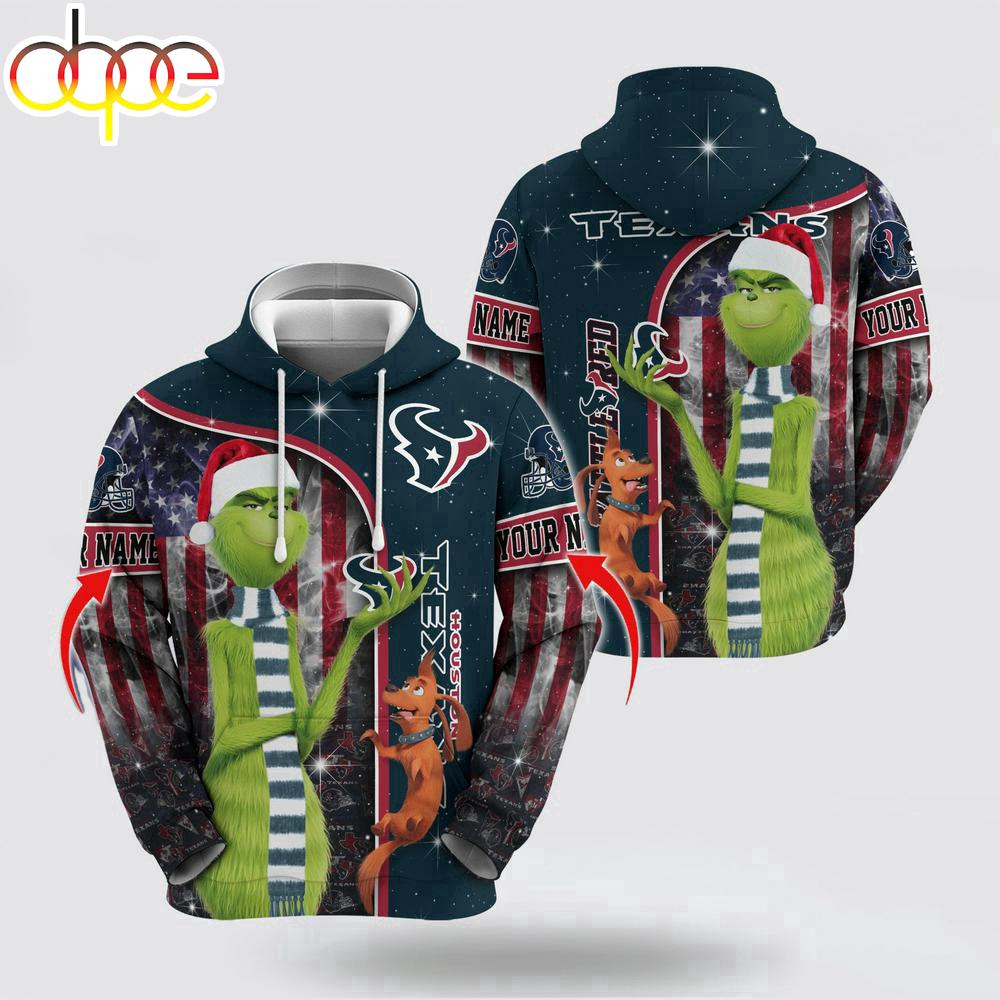Custom Name NFL Houston Texans Grinch Santa All Over Print Hoodie Shirt