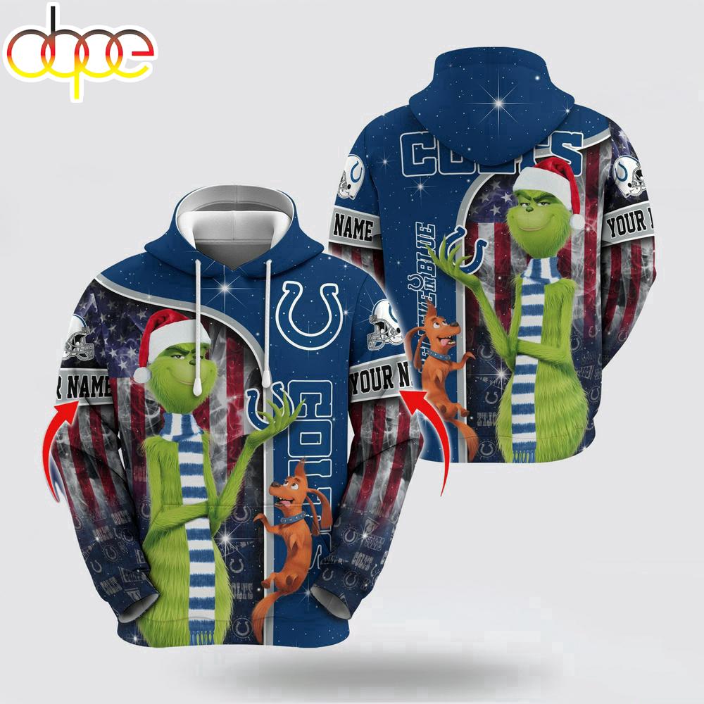 Custom Name NFL Indianapolis Colts Grinch Santa All Over Print Hoodie Shirt