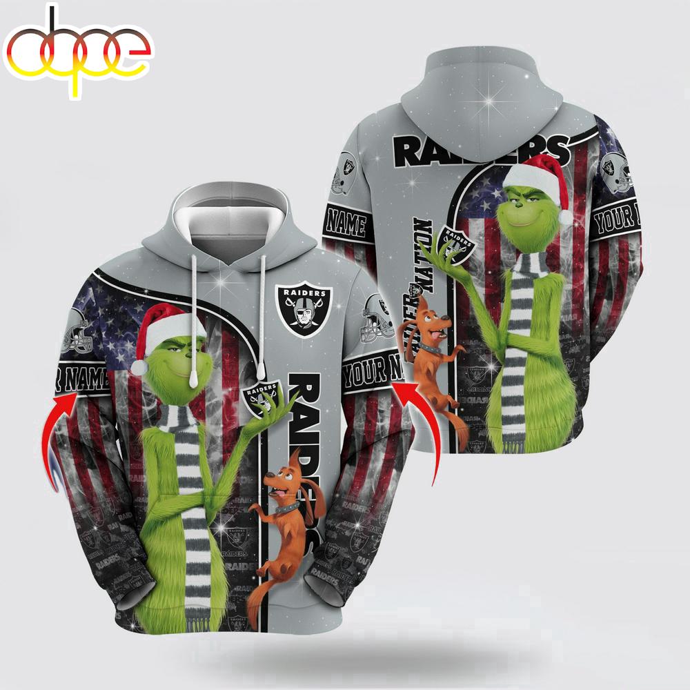 Custom Name NFL Las Vegas Raiders Grinch Santa All Over Print Hoodie Shirt