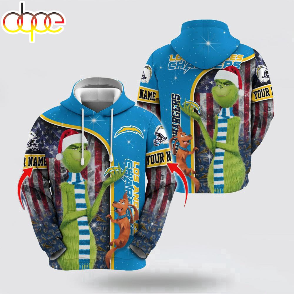 Custom Name NFL Los Angeles Chargers Grinch Santa All Over Print Hoodie Shirt