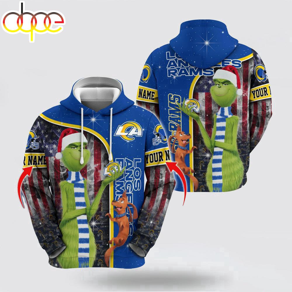 Custom Name NFL Los Angeles Rams Grinch Santa All Over Print Hoodie Shirt