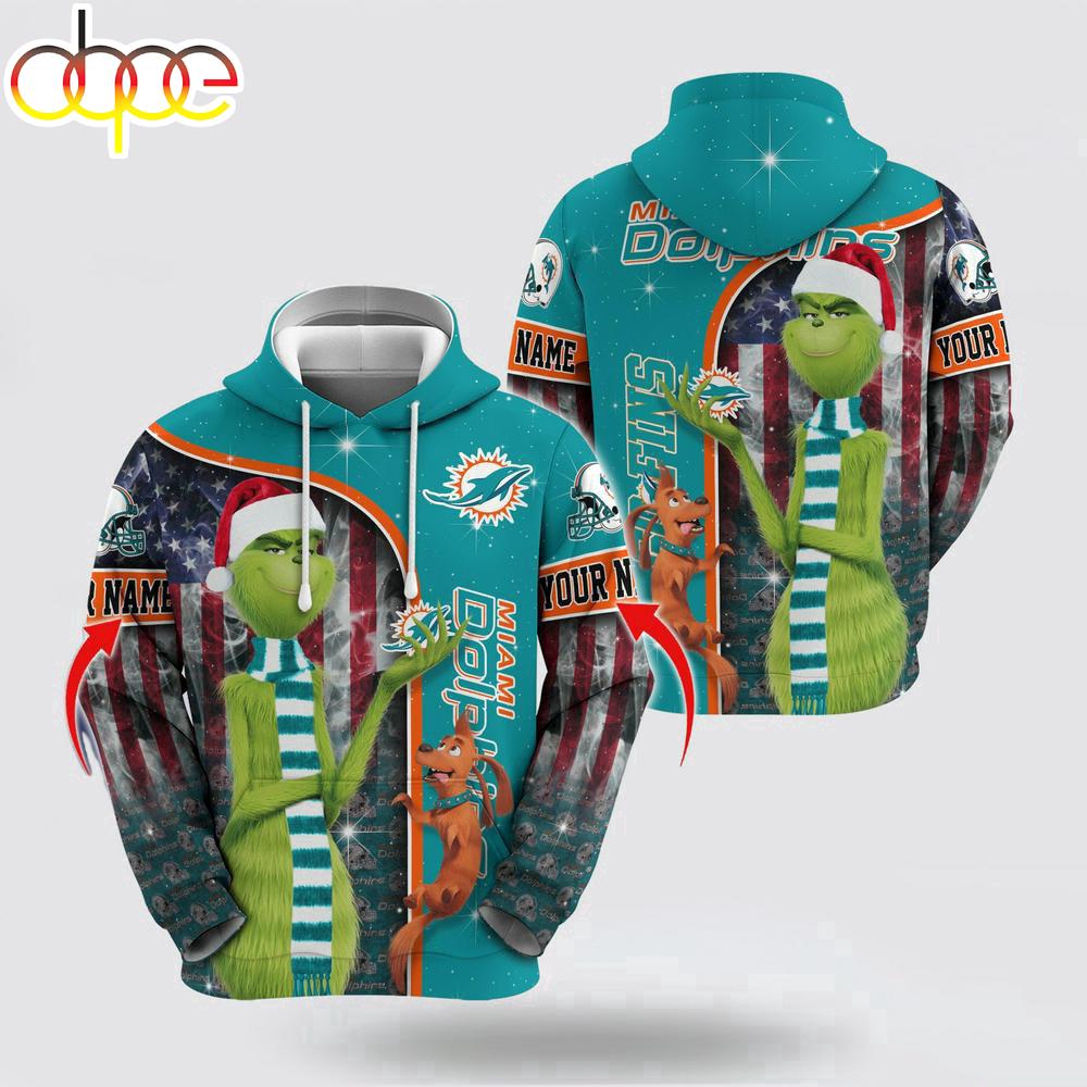 Custom Name NFL Miami Dolphins Grinch Santa All Over Print Hoodie Shirt