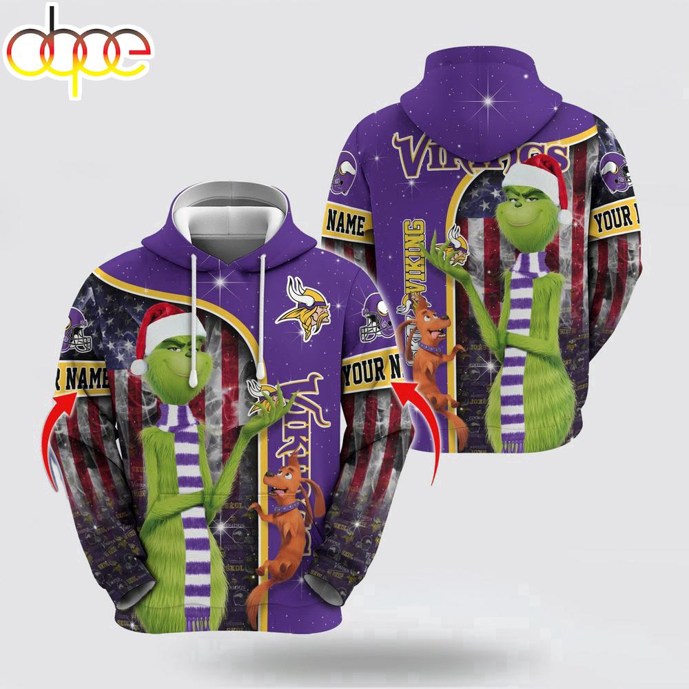 Custom Name NFL Minnesota Vikings Grinch Santa All Over Print Hoodie Shirt