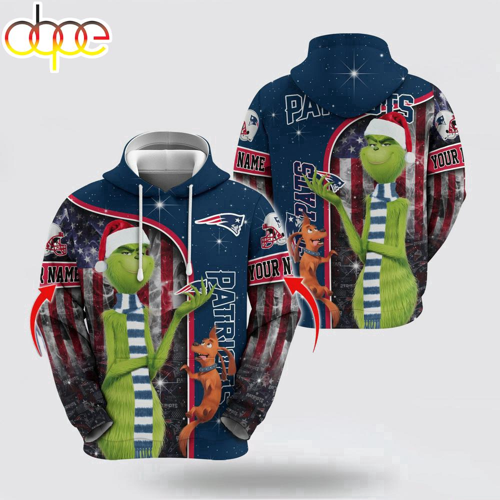 Custom Name NFL New England Patriots Grinch Santa All Over Print Hoodie Shirt