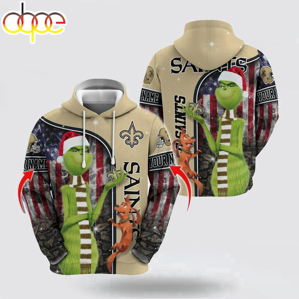 Custom Name NFL New Orleans Saints Grinch Santa All Over Print Hoodie Shirt