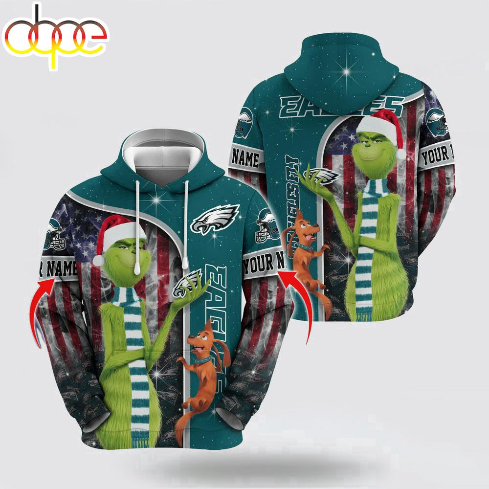 Custom Name NFL Philadelphia Eagles Grinch Santa All Over Print Hoodie Shirt