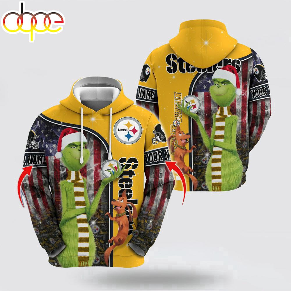 Custom Name NFL Pittsburgh Steelers Grinch Santa All Over Print Hoodie Shirt