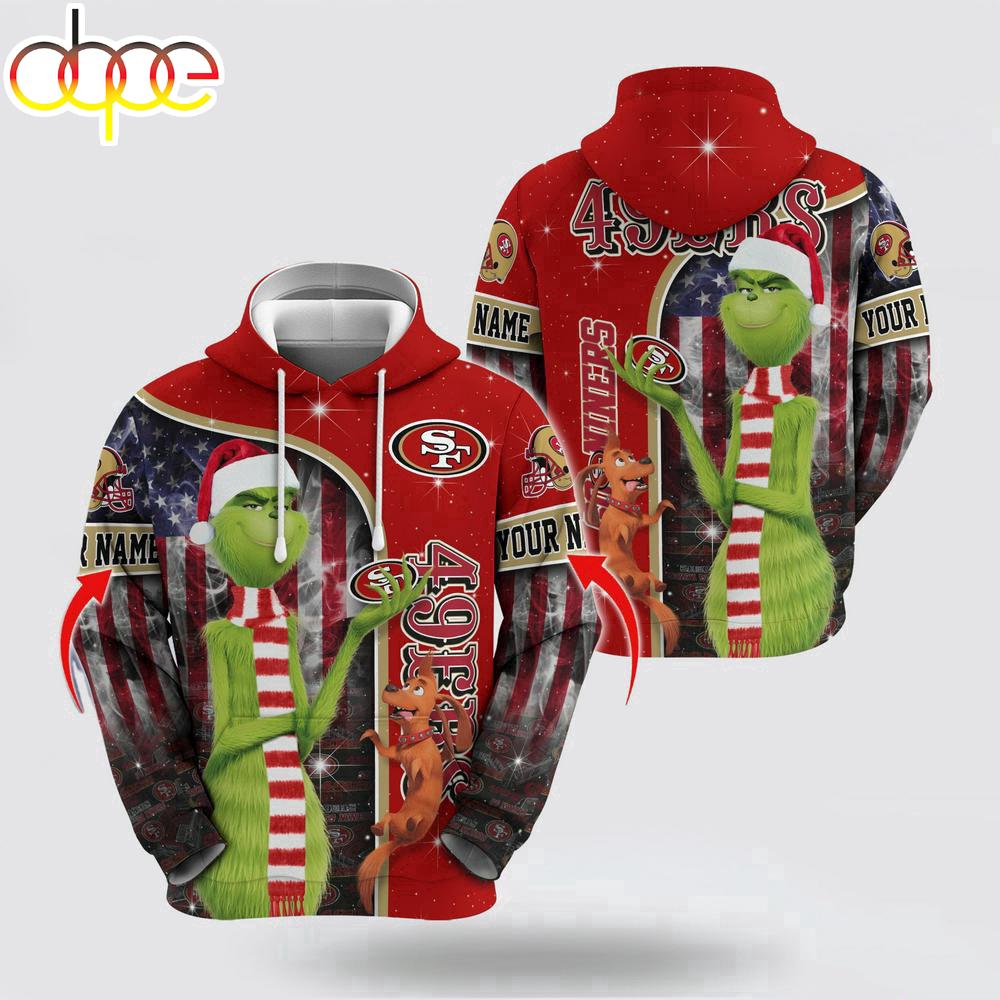 Custom Name NFL San Francisco 49ers Grinch Santa All Over Print Hoodie Shirt