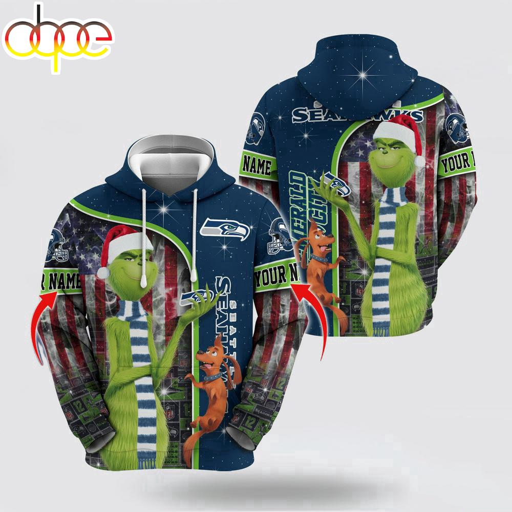 Custom Name NFL Seattle Seahawks Grinch Santa All Over Print Hoodie Shirt