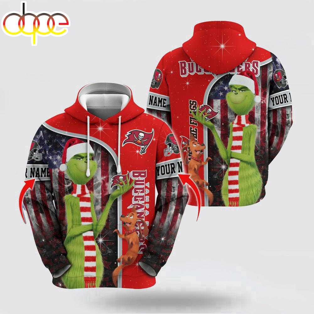 Custom Name NFL Tampa Bay Buccaneers Grinch Santa All Over Print Hoodie Shirt
