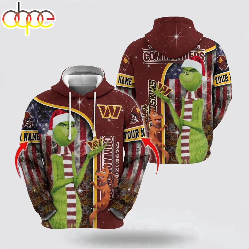 Custom Name NFL Washington Commanders Grinch Santa All Over Print Hoodie Shirt