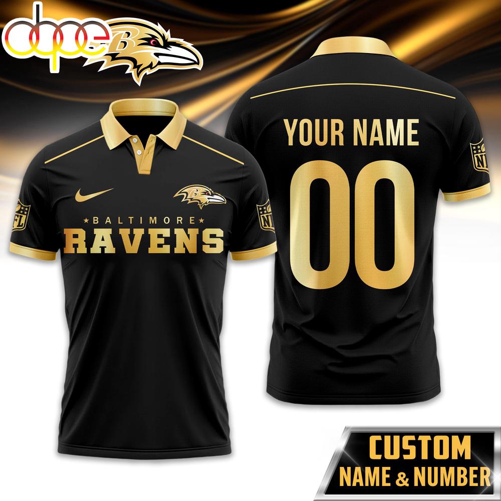 Custom Name Number Baltimore Ravens NFL Black And Gold Polo Shirt