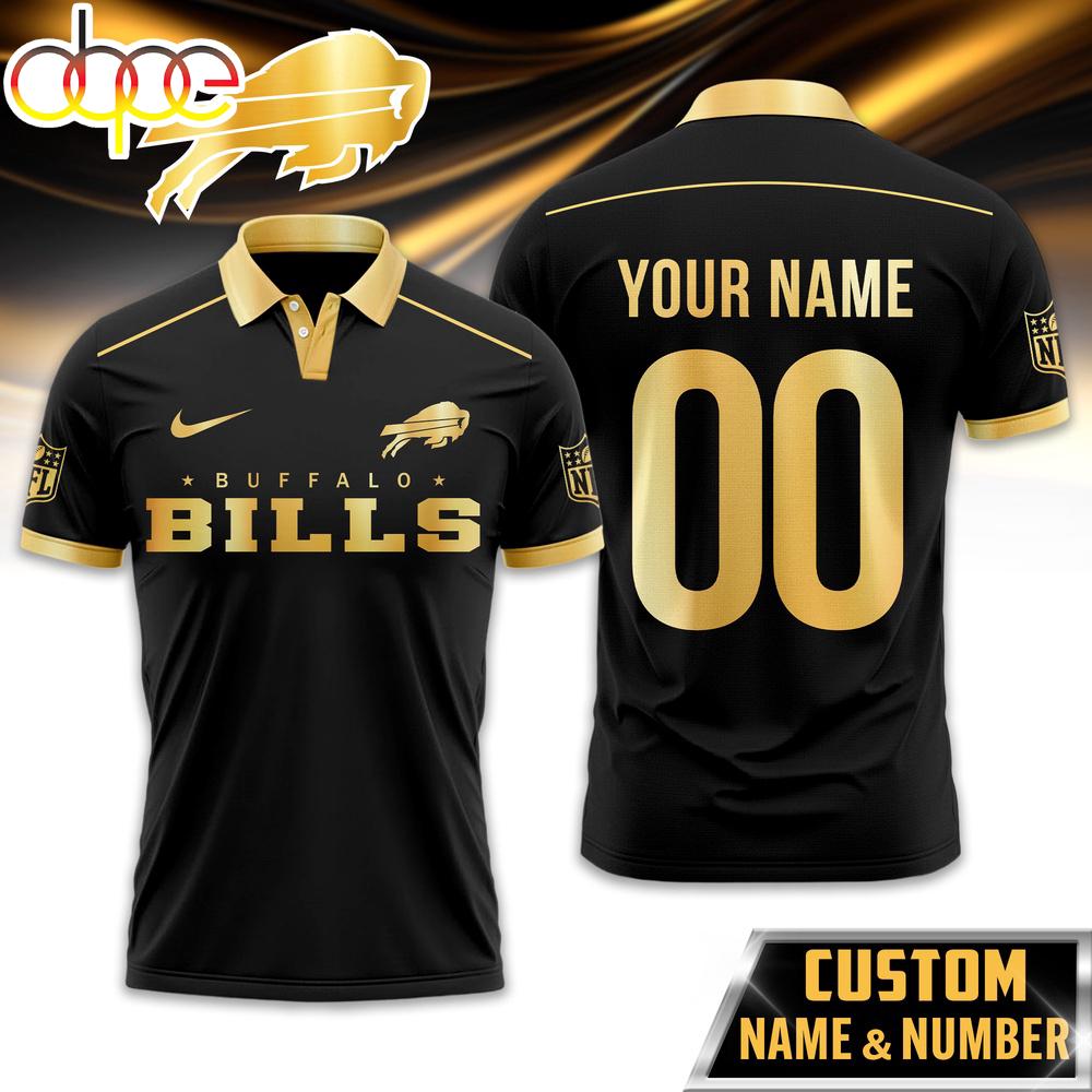 Custom Name Number Buffalo Bills NFL Black And Gold Polo Shirt