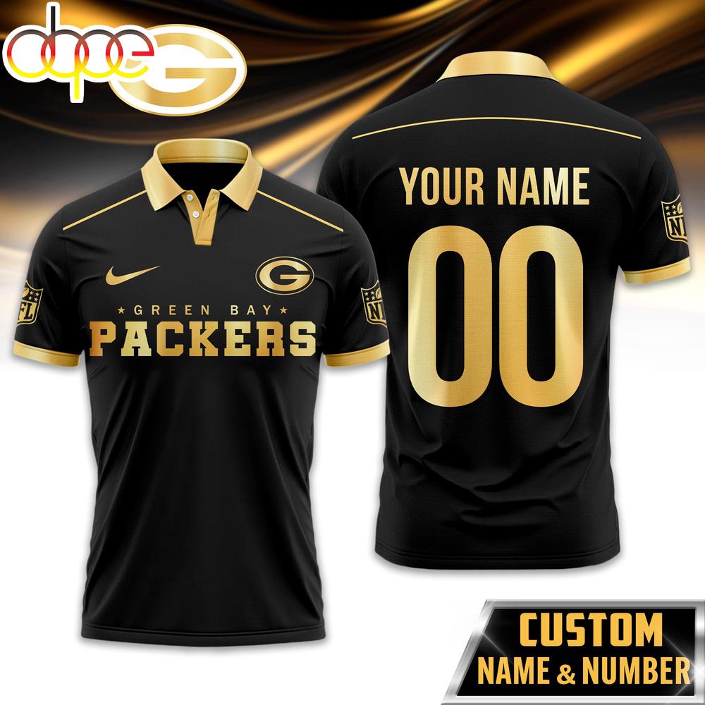 Custom Name Number Green Bay Packers NFL Black And Gold Polo Shirt
