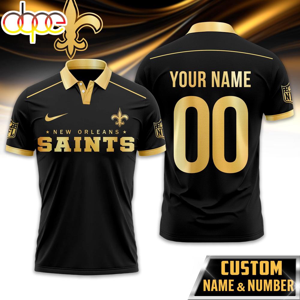 Custom Name Number New Orleans Saints NFL Black And Gold Polo Shirt