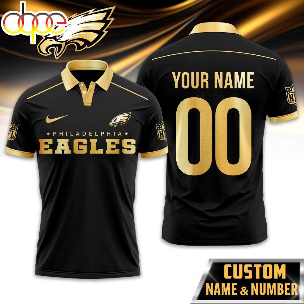 Custom Name Number Philadelphia Eagles NFL Black And Gold Polo Shirt