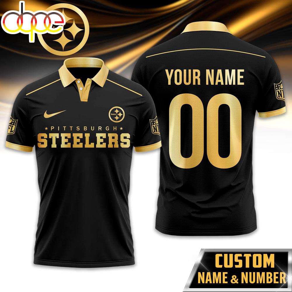 Custom Name Number Pittsburgh Steelers NFL Black And Gold Polo Shirt