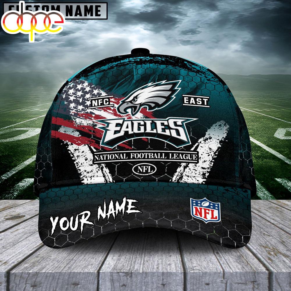 Custom Name Philadelphia Eagles NFL Dark Scratch American Flag Baseball Cap