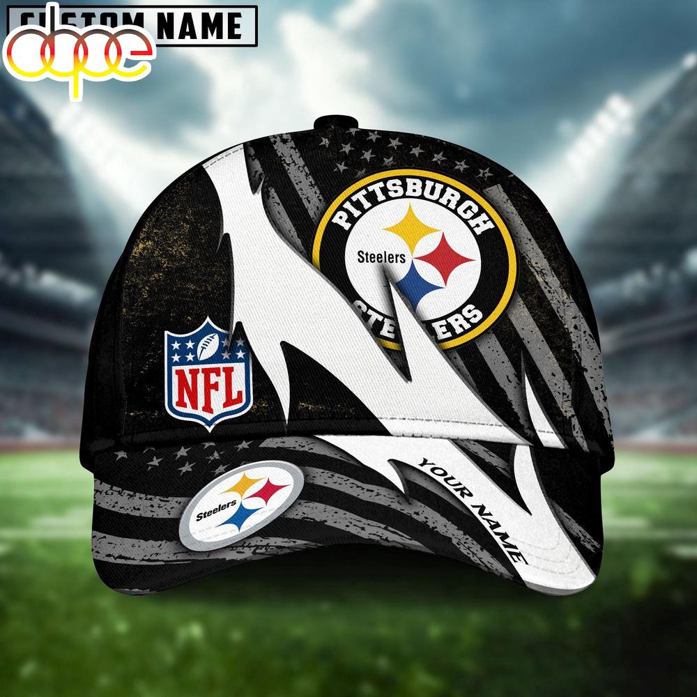 Custom Name Pittsbrugh Steelers NFL Black And White American Flag Fire Baseball Cap