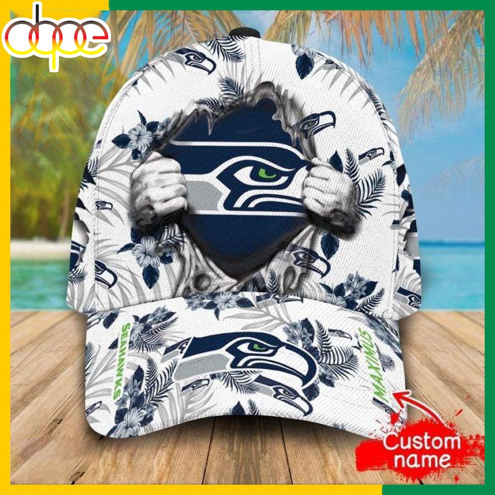 Custom Name Seattle Seahawks NFL Hawaiian Pattern Classic Baseball Cap