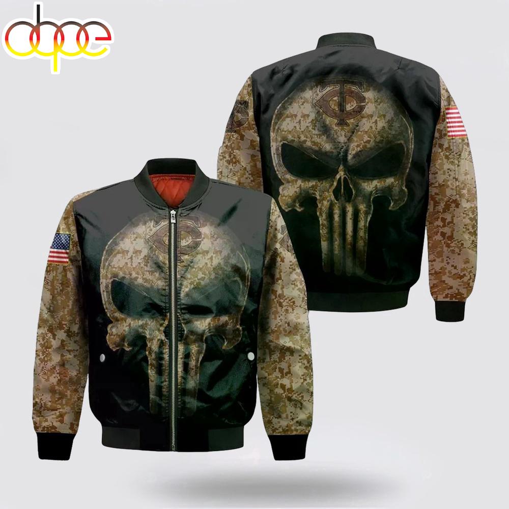 MLB Minnesota Twins Camouflage Skull American Flag Bomber Jacket