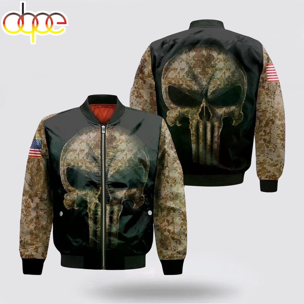 MLB New York Mets Camouflage Skull American Flag Bomber Jacket