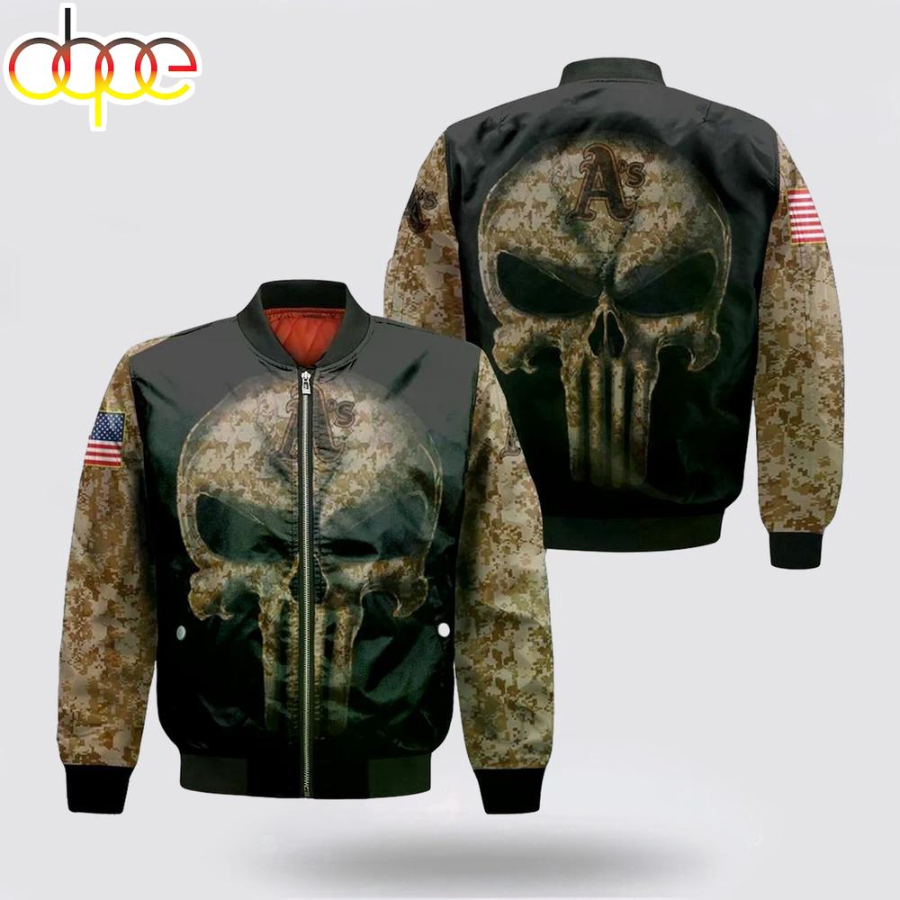 MLB Oakland Athletics Camouflage Skull American Flag Bomber Jacket
