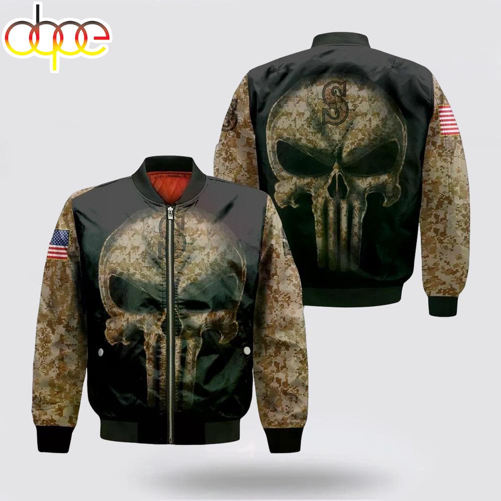 MLB Seattle Mariners Camouflage Skull American Flag Bomber Jacket