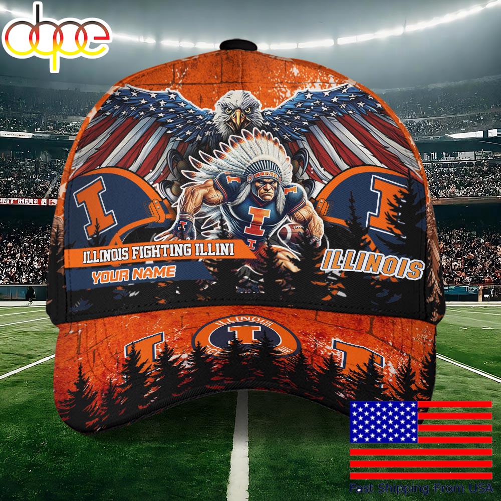 NCAA Illinois Fighting Illini Mascot Logo Custom Name Baseball Cap  For Fans