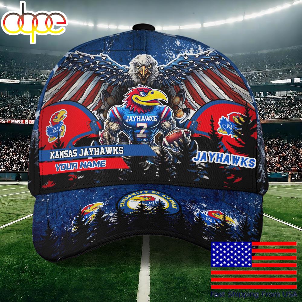 NCAA Kansas Jayhawks Mascot Logo Custom Name Baseball Cap  For Fans