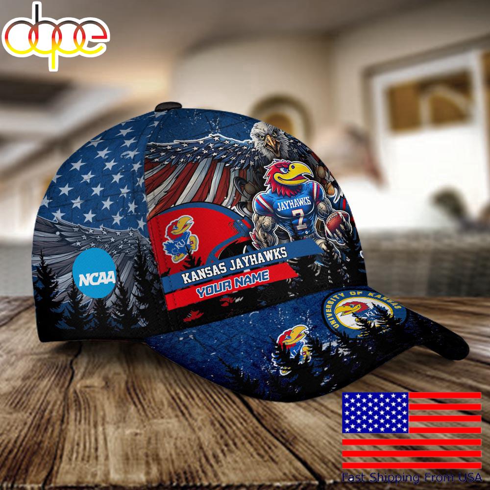 NCAA Kansas Jayhawks Mascot Logo Custom Name Baseball Cap  For Fans