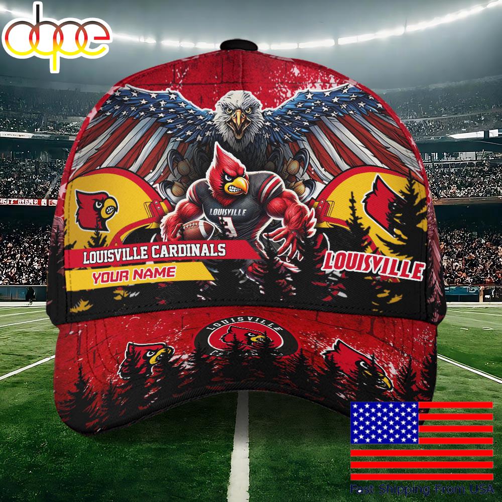 NCAA Louisville Cardinals Mascot Logo Custom Name Baseball Cap  For Fans