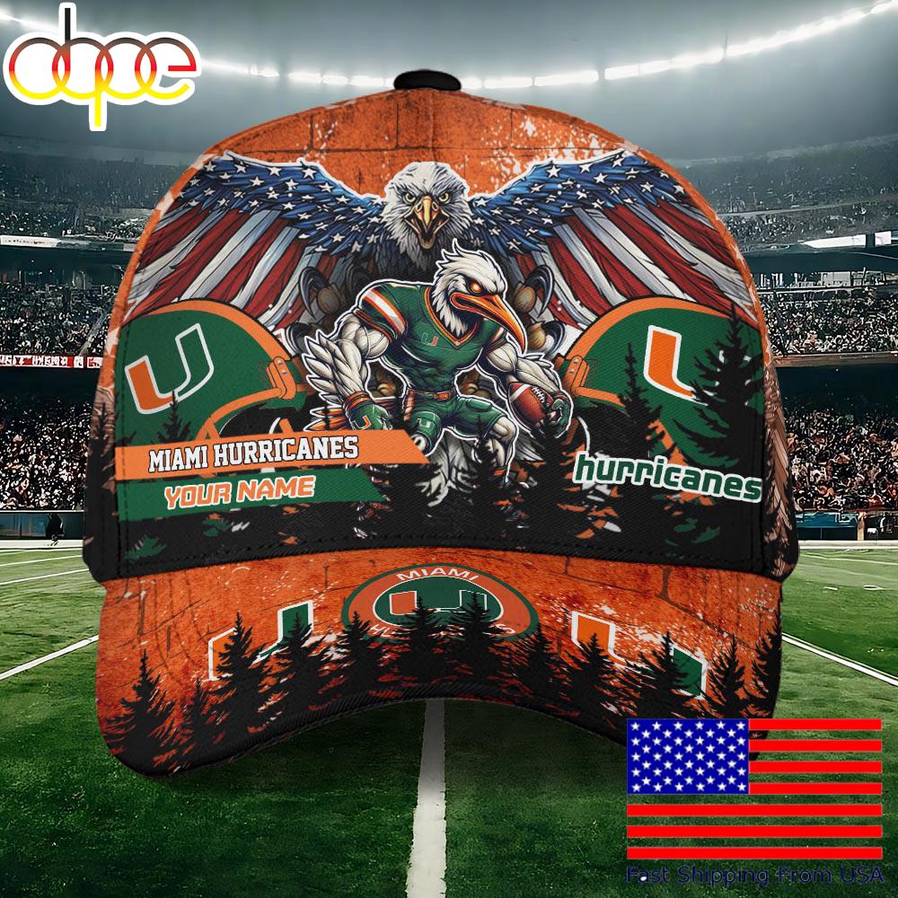 NCAA Miami Hurricanes Mascot Logo Custom Name Baseball Cap  For Fans