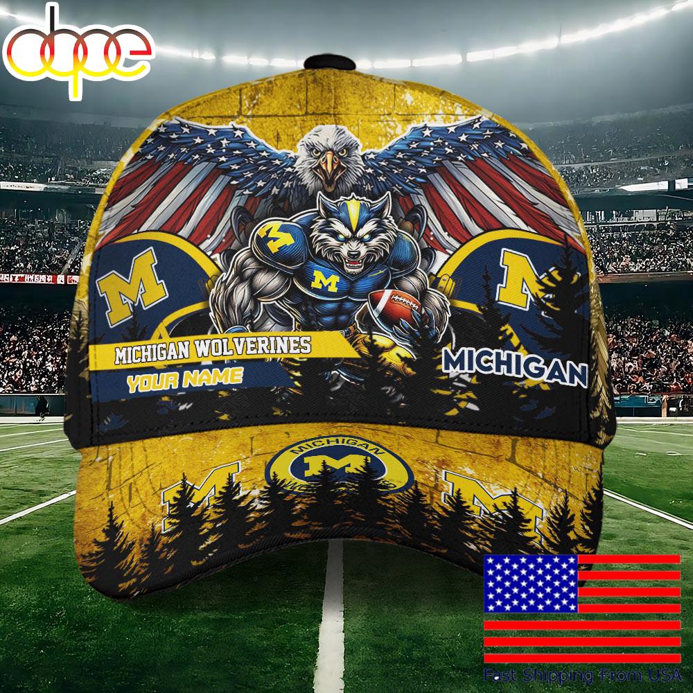 NCAA Michigan Wolverines Mascot Logo Custom Name Baseball Cap  For Fans