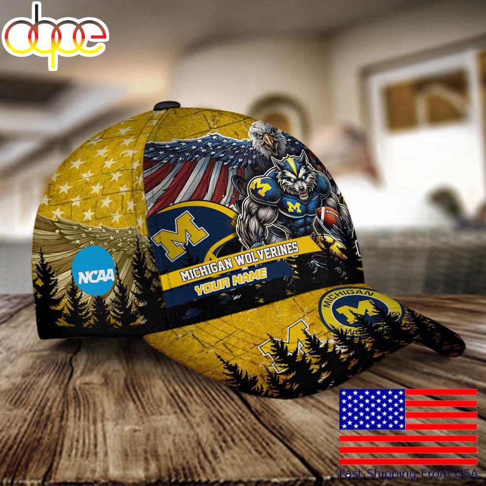 NCAA Michigan Wolverines Mascot Logo Custom Name Baseball Cap  For Fans