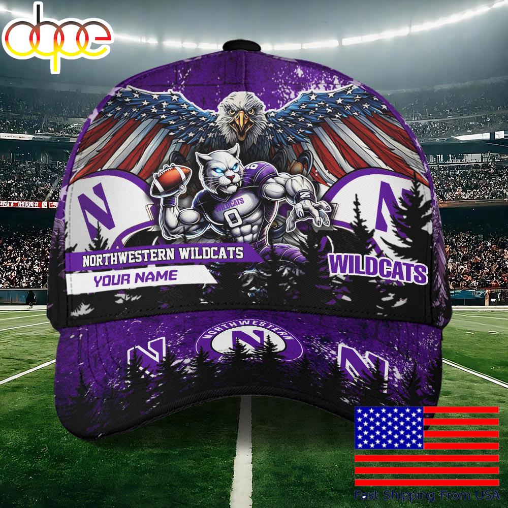 NCAA Northwestern Wildcats Mascot Logo Custom Name Baseball Cap  For Fans