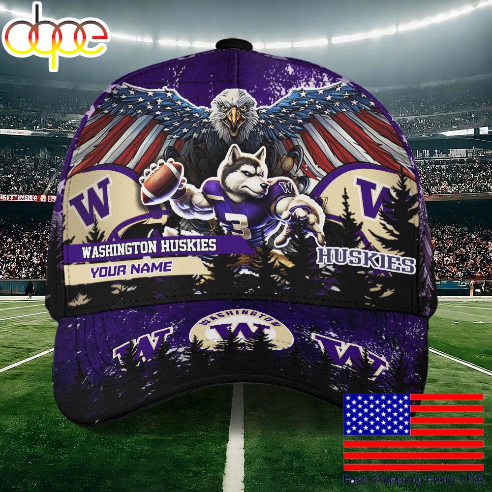NCAA Washington Huskies Mascot Logo Custom Name Baseball Cap  For Fans