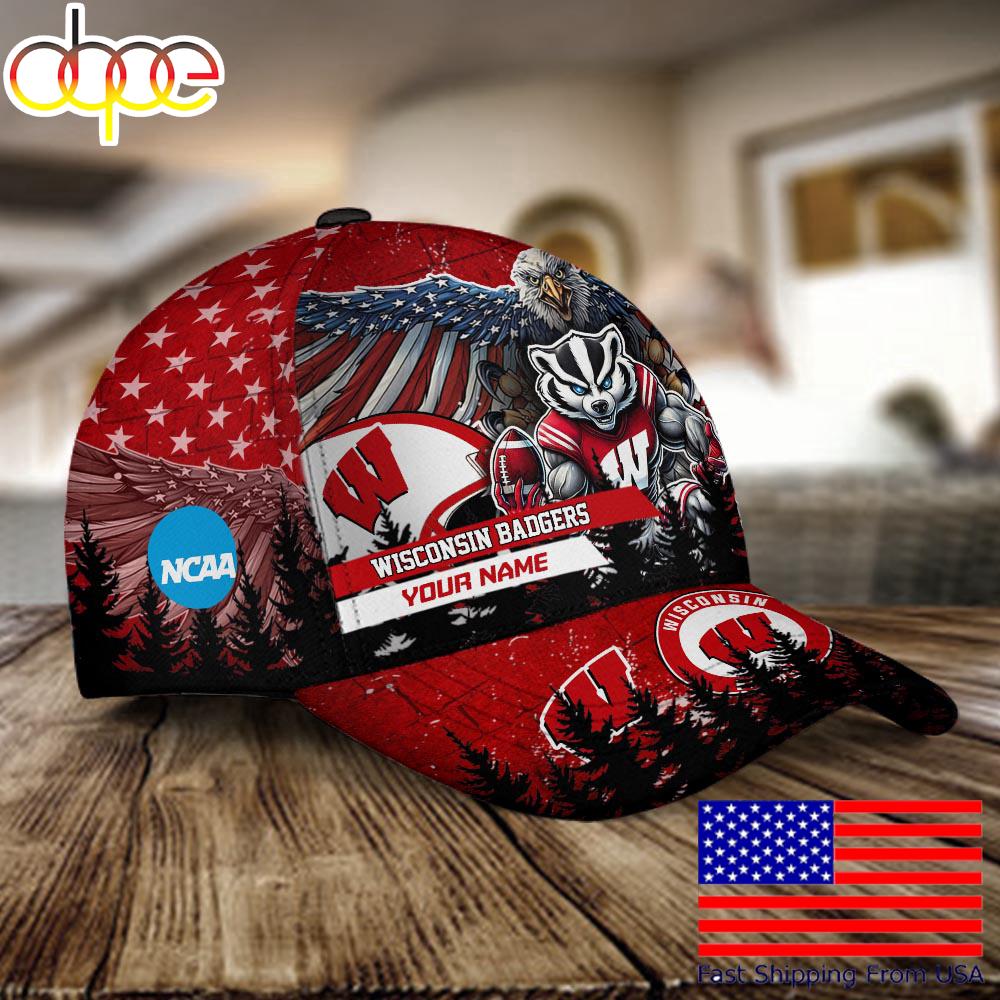 NCAA Wisconsin Badgers Mascot Logo Custom Name Baseball Cap  For Fans