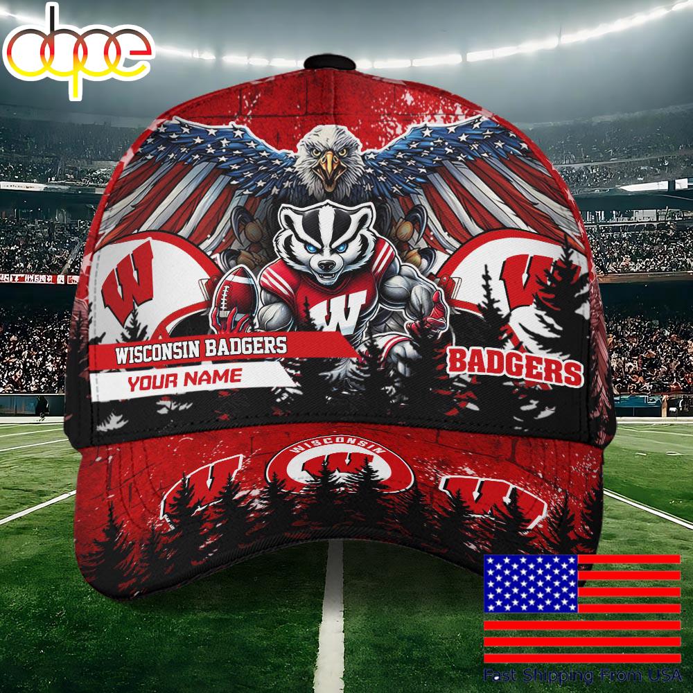 NCAA Wisconsin Badgers Mascot Logo Custom Name Baseball Cap  For Fans