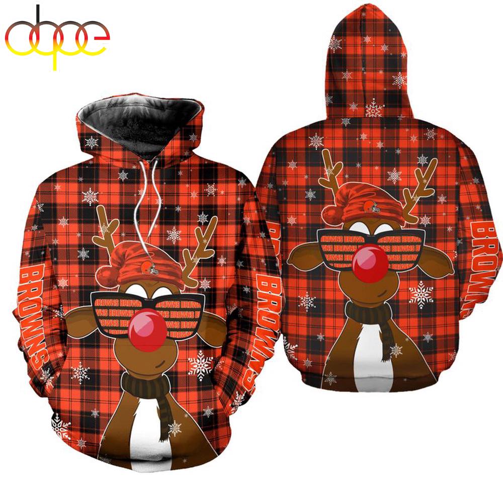 NFL Cleveland Browns Christmas Reindeer Sunglasses All Over Print Hoodie Shirt