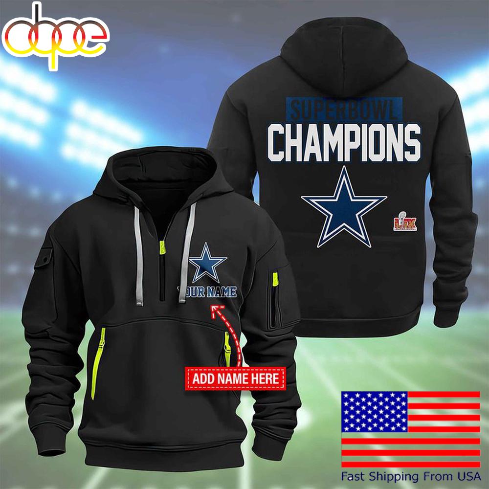 NFL Dallas Cowboys Custom Name Super Bowl LIX Quarter Zip Hoodie