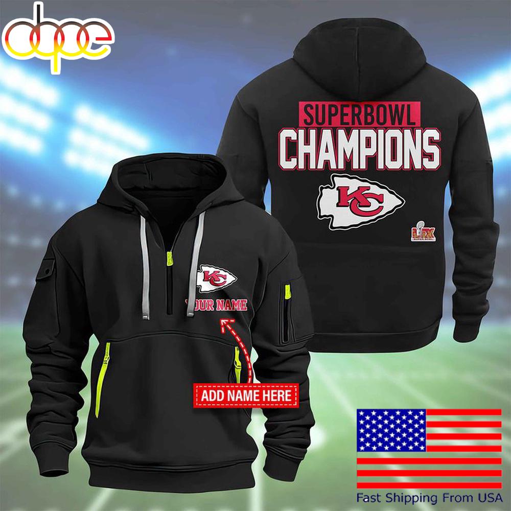 NFL Kansas City Chiefs Custom Name Super Bowl LIX Quarter Zip Hoodie
