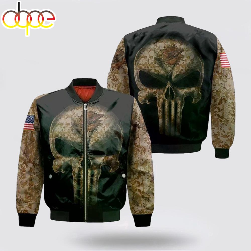NFL Miami Dolphins Bomber Jacket Camouflage Skull American Flag for Men Women