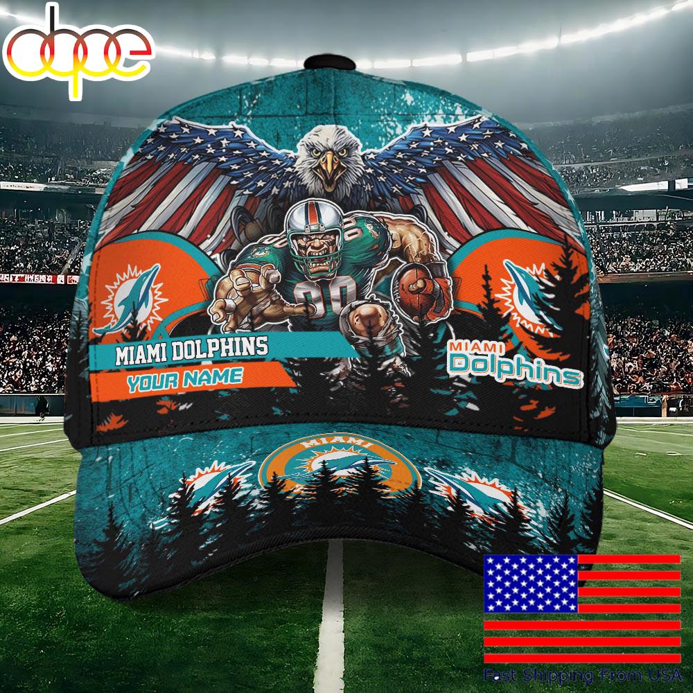 NFL Miami Dolphins Mascot Logo Custom Name Baseball Cap  For Fans
