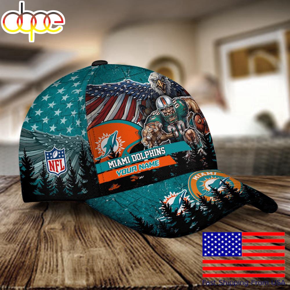 NFL Miami Dolphins Mascot Logo Custom Name Baseball Cap  For Fans